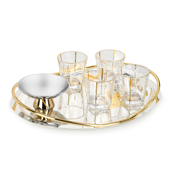 Intricate Design Oval Tray with Handle with Small  Server and 4 Whiskey Glasses