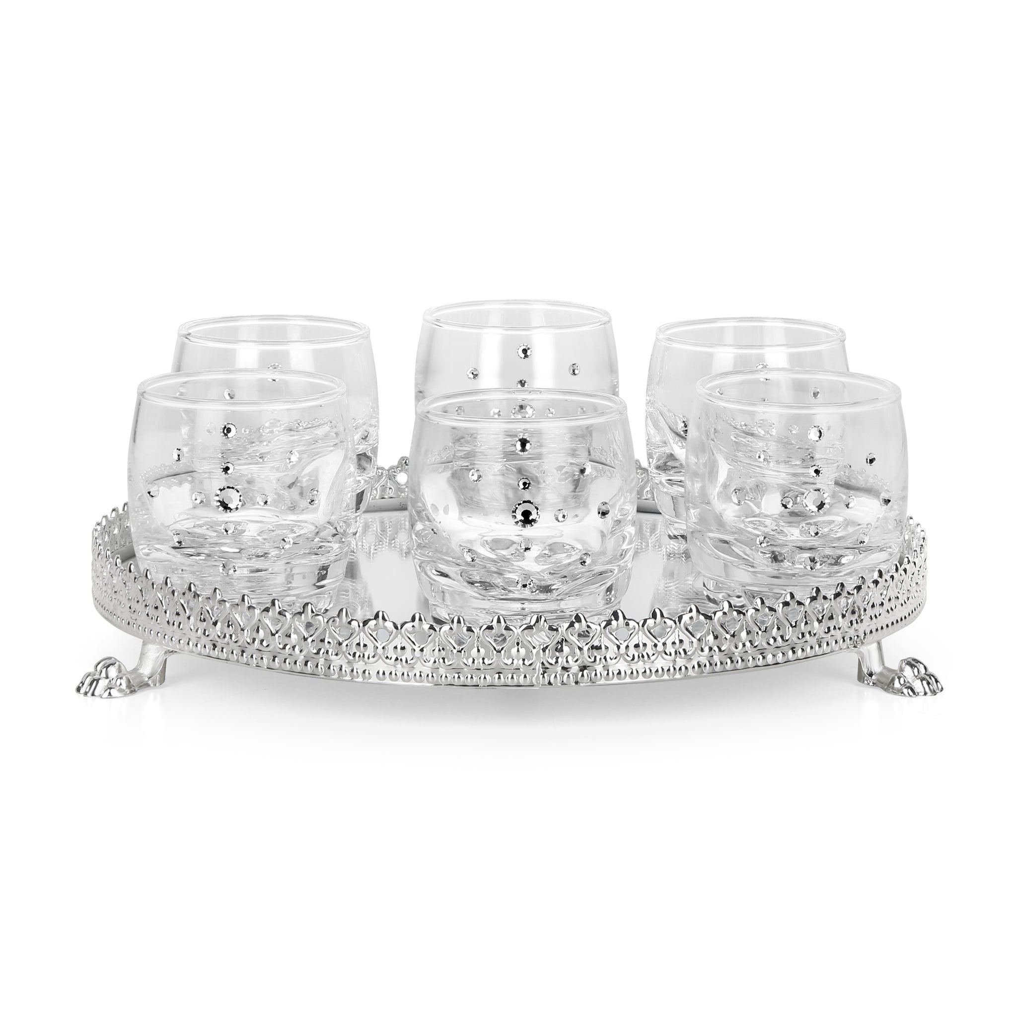Set of Round Swarovski Shooter Glasses with Cutwork Tray