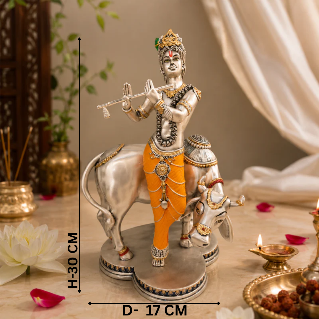 Shree Krishna Govardhan Gopal Silver Idol with Cow
