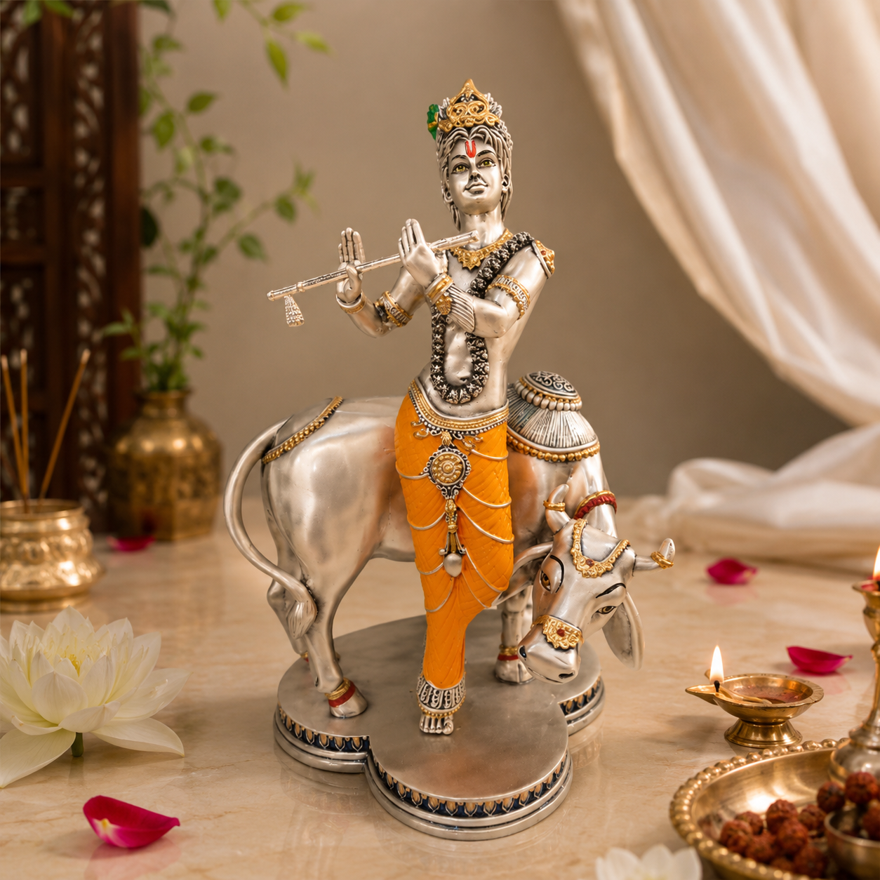 Shree Krishna Govardhan Gopal Silver Idol with Cow