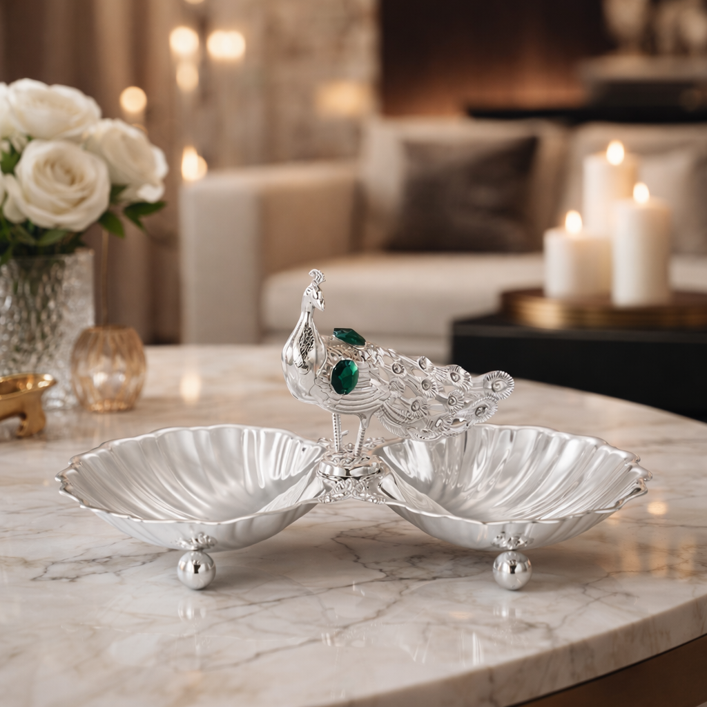 Peacock with 2 Serving Silver (Green)