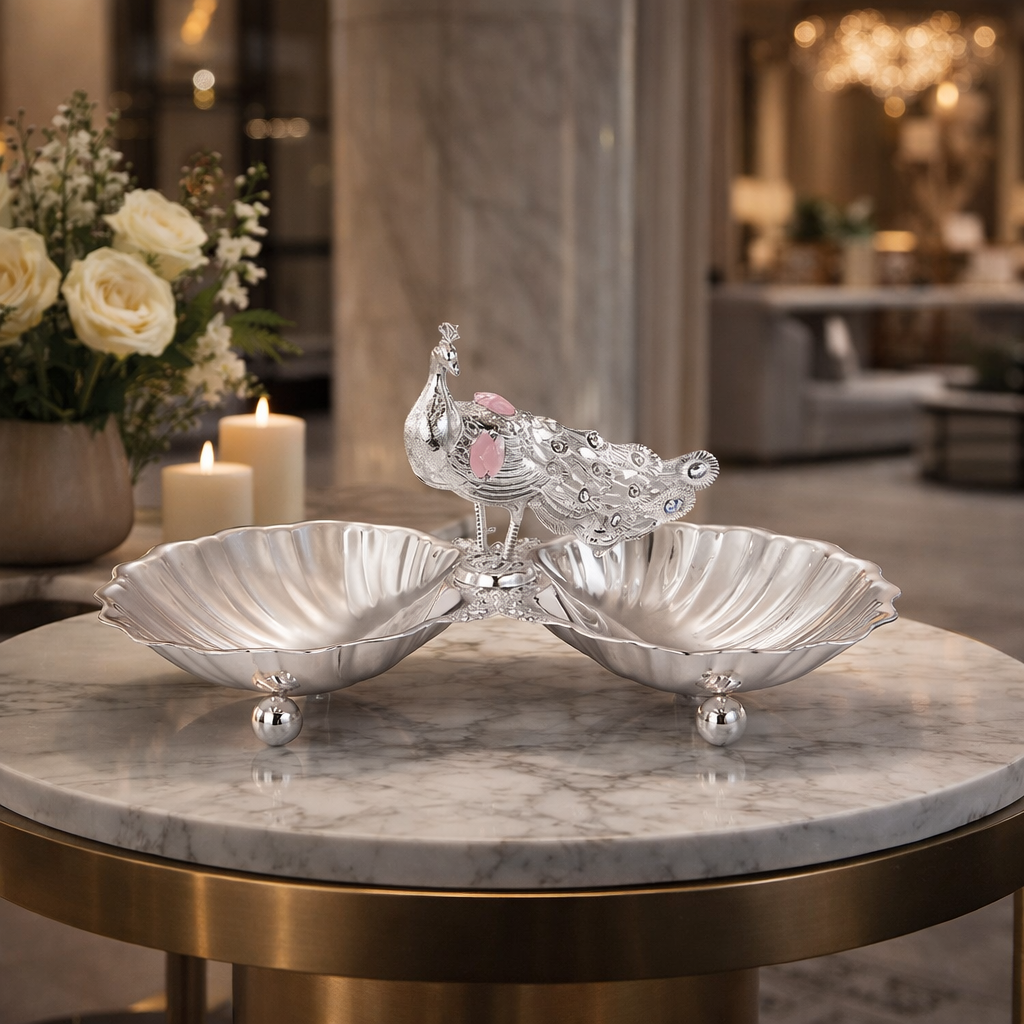 Peacock with 2 Serving Silver Pink