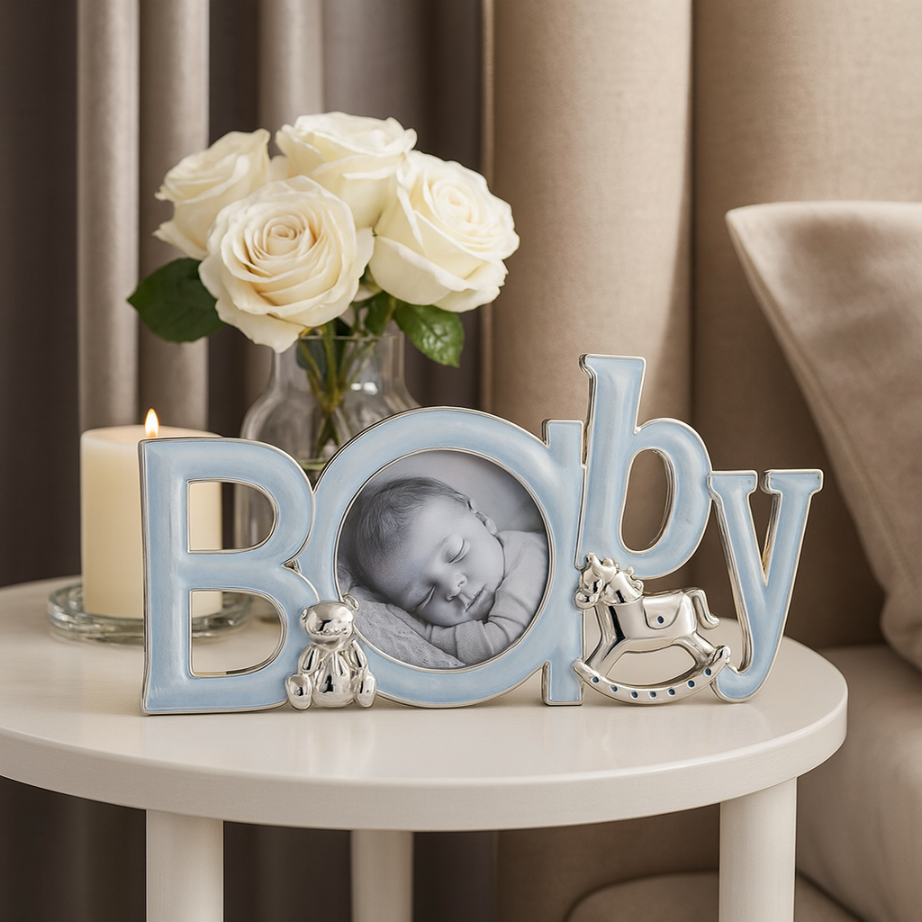 Blue "Baby" Decorative Photo Frame – Round Insert