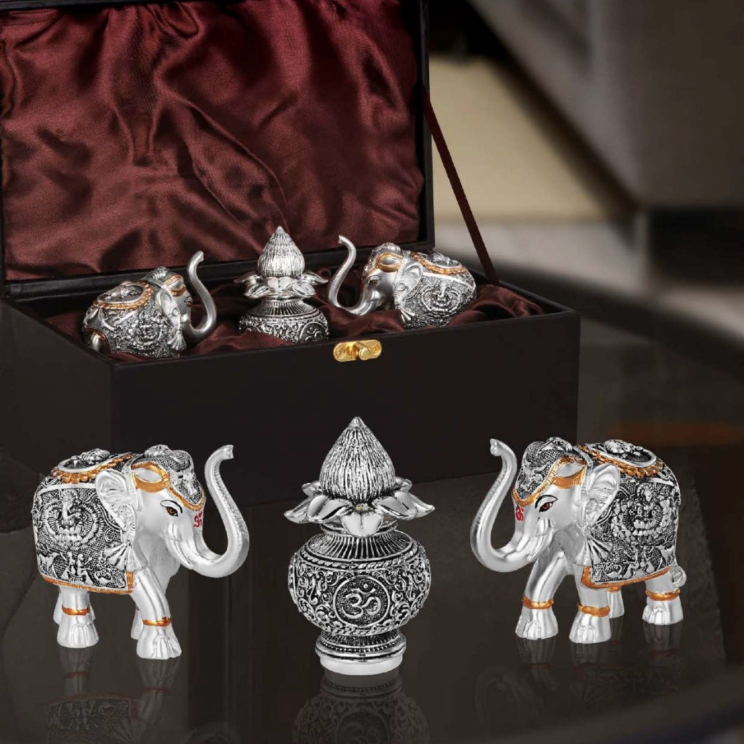 Set of 2 Elephants with Mini Kalash Silver