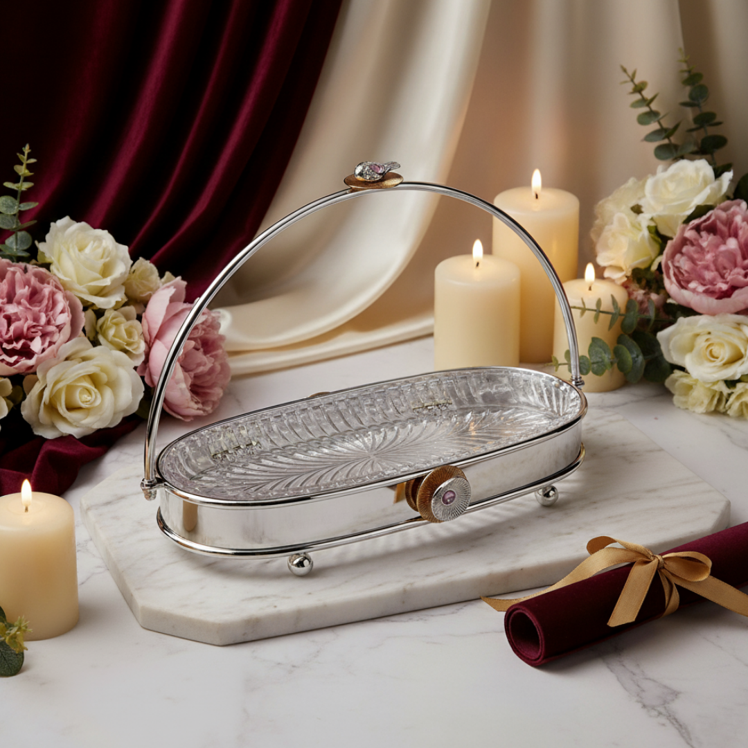 Regal Treasure Oval Handle Glass Tray Dual Tone Medium