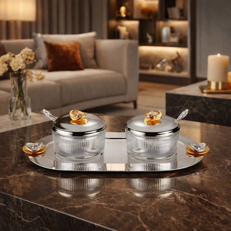 Regal Treasure Oval Tray with Set of 2 Glass Bowl Dual Tone