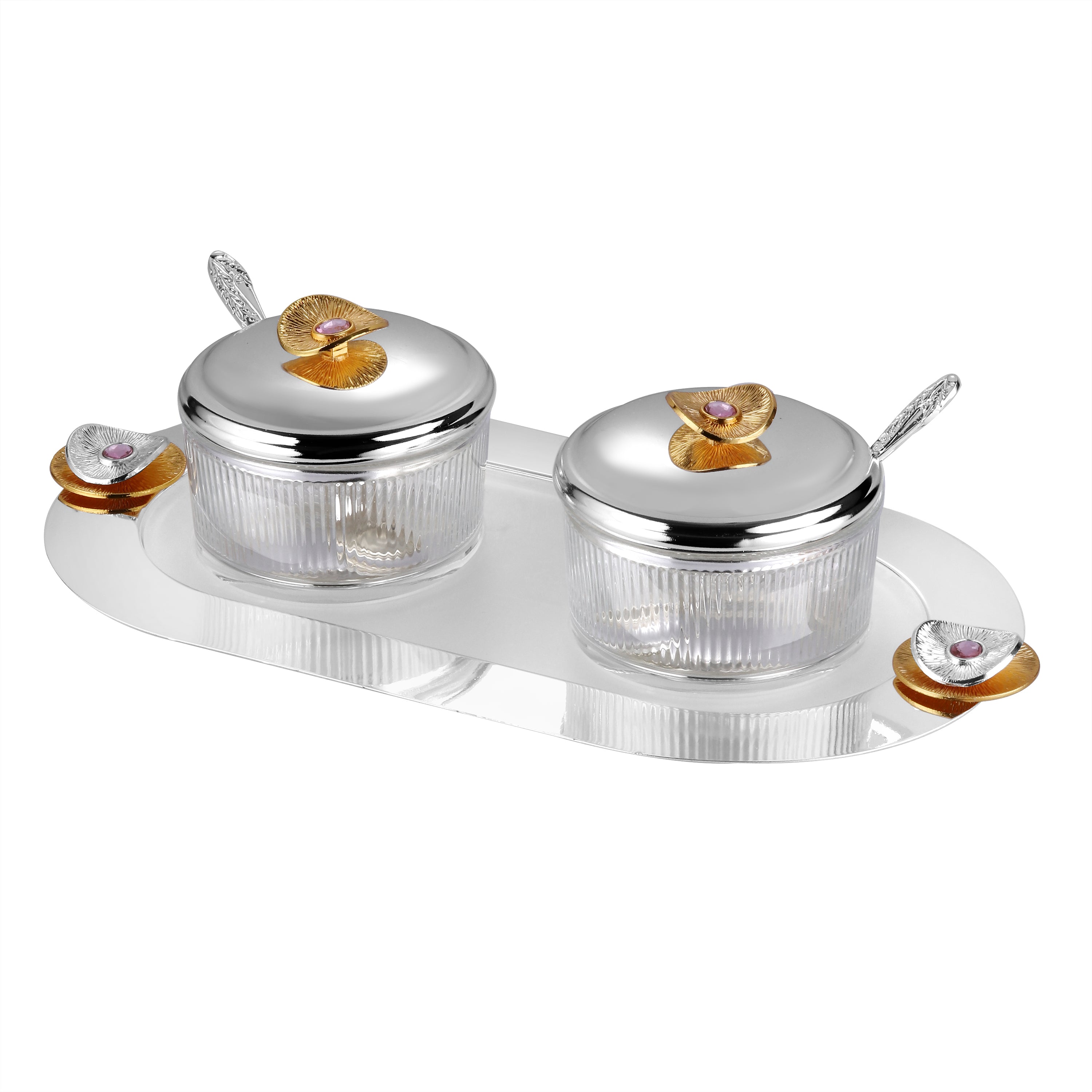 Regal Treasure Oval Tray with Set of 2 Glass Bowl Dual Tone