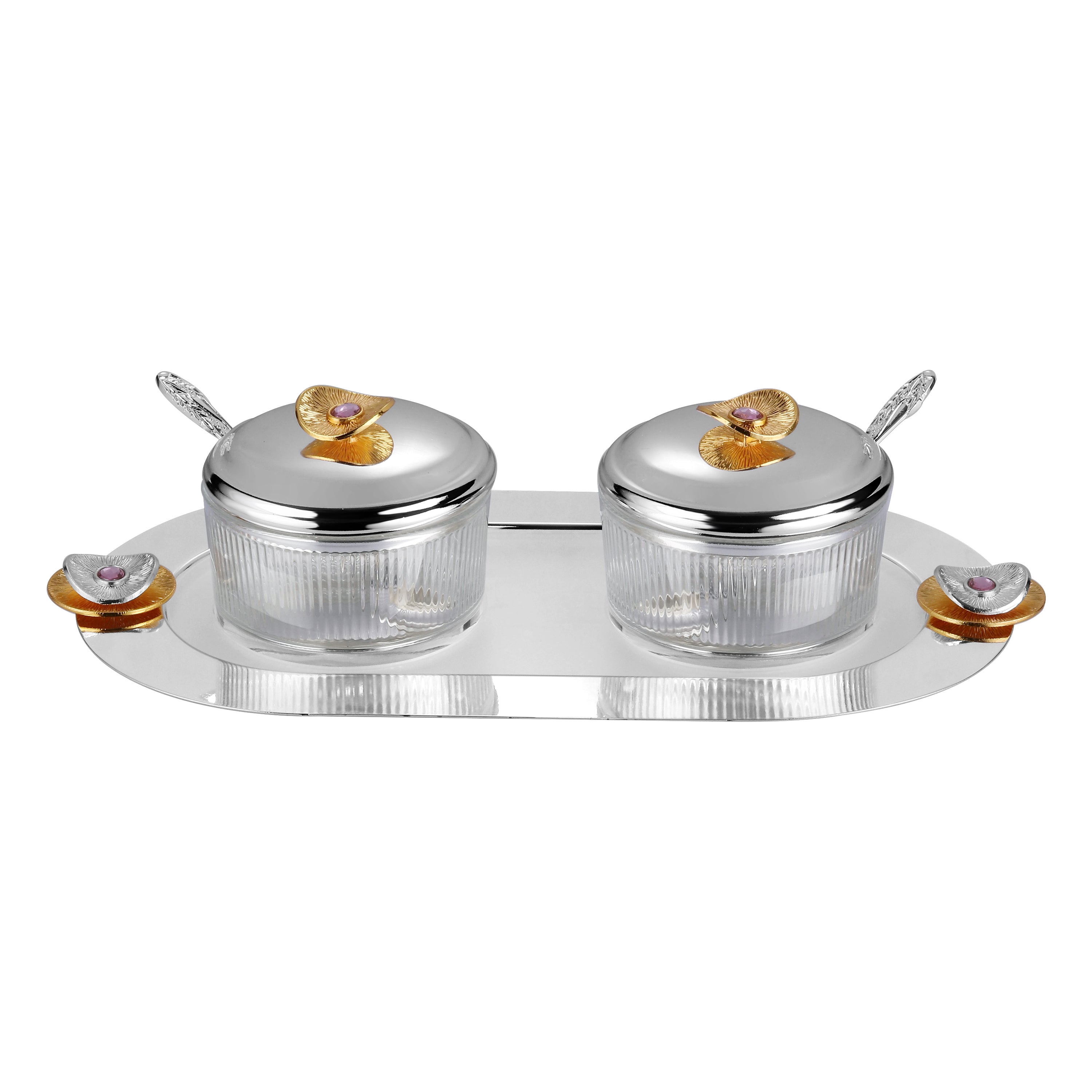 Regal Treasure Oval Tray with Set of 2 Glass Bowl Dual Tone