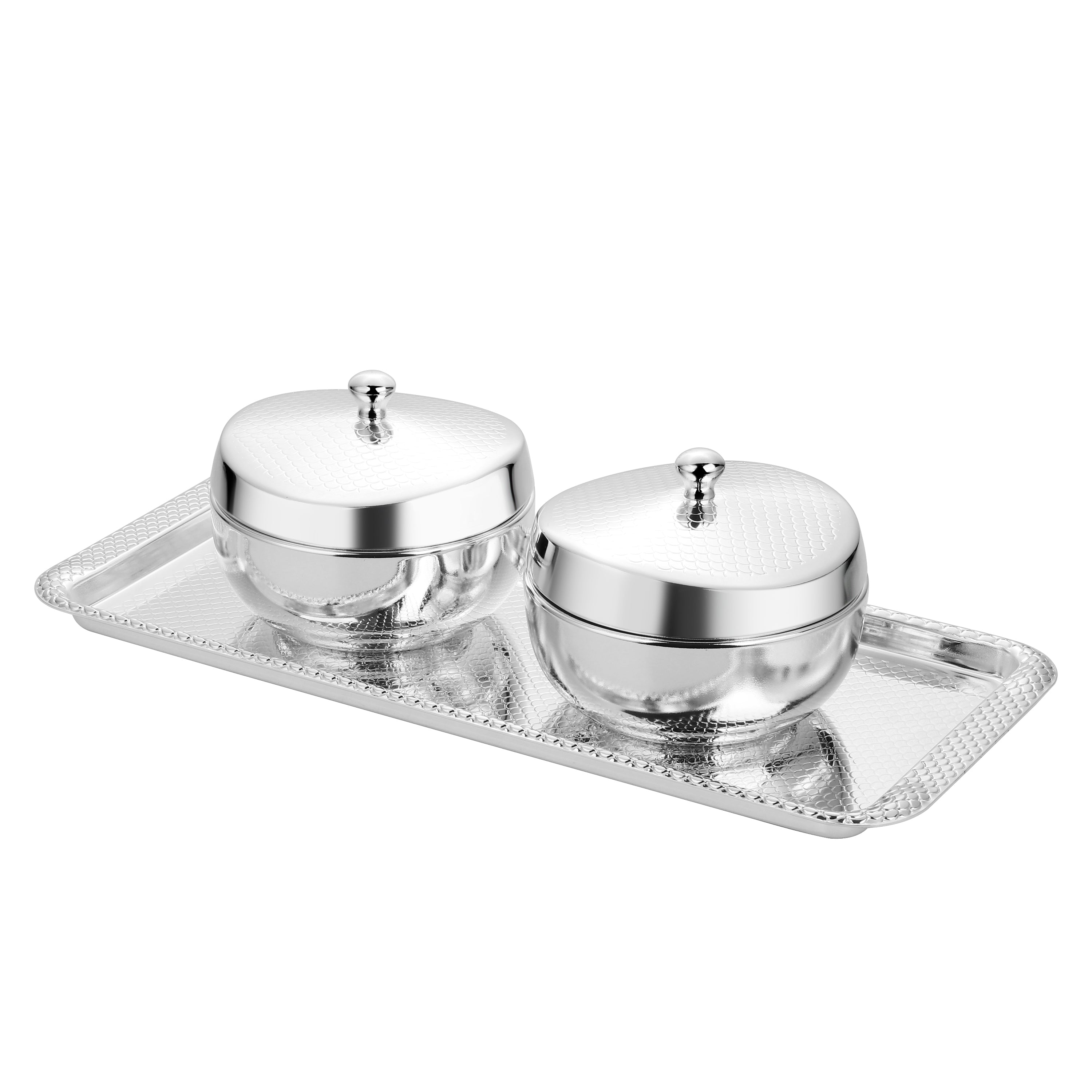 Set of 2 Honeycomb Bowl with Royal Weave Tray Silver Medium