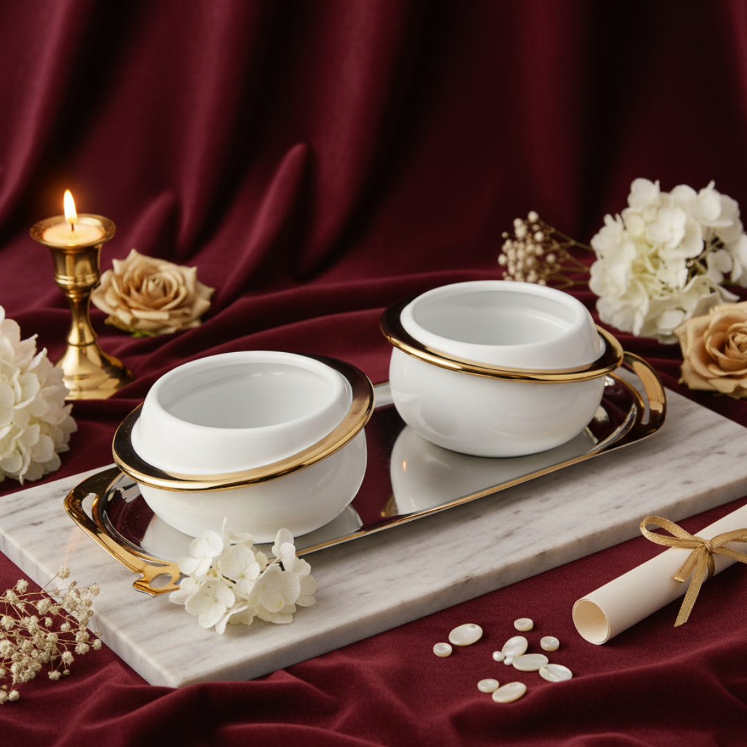 Set of 2 Sweet Pot with Cutwork Oval Tray Dual Tone