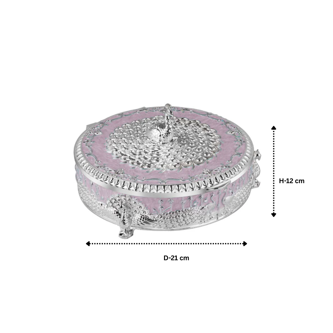 Peacock Round Enamel Dry Fruit Box White