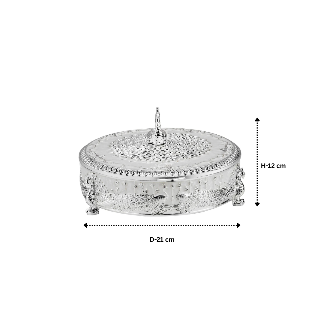 Peacock Round Enamel Dry Fruit Box White