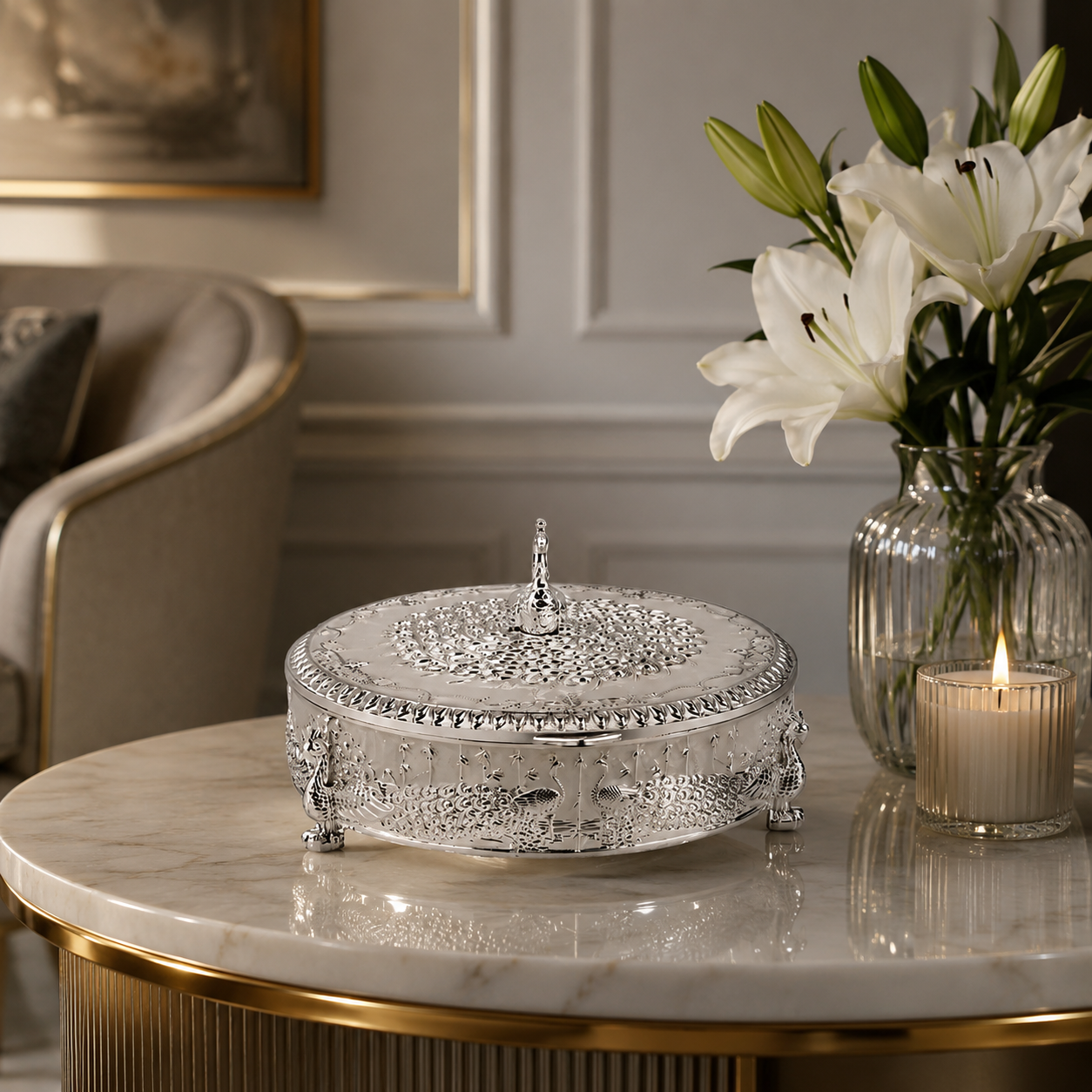 Peacock Round Enamel Dry Fruit Box