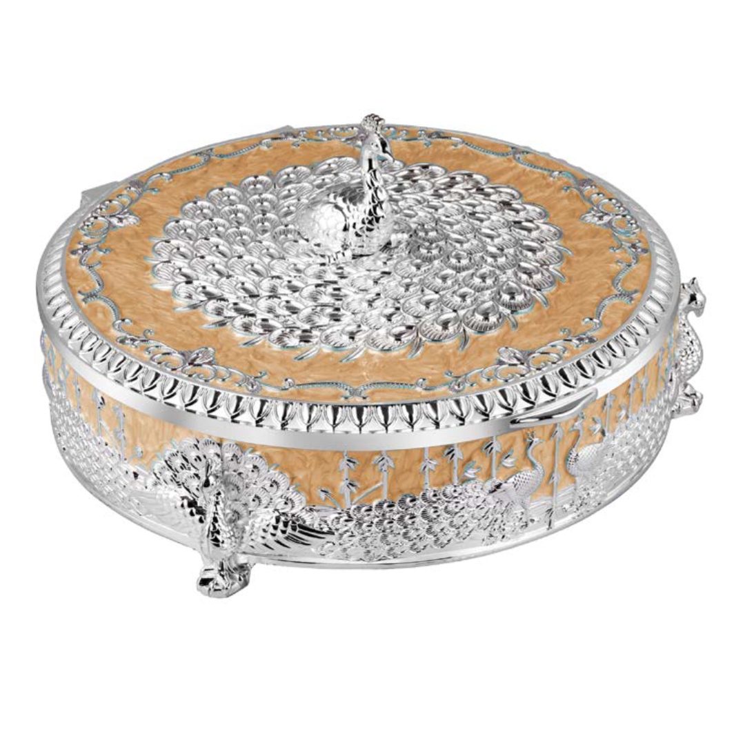 Peacock Round Enamel Dry Fruit Box White