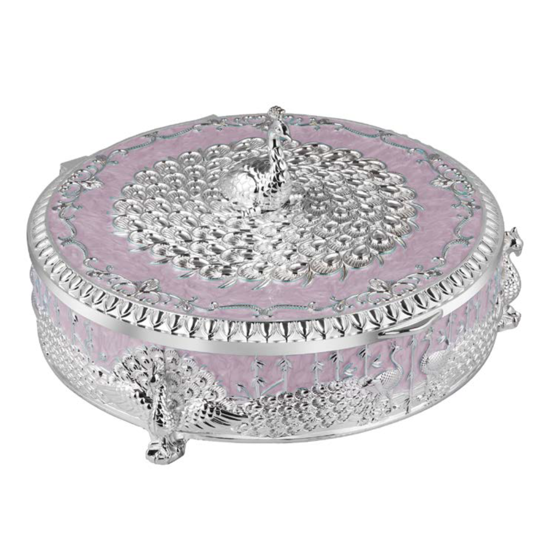 Peacock Round Enamel Dry Fruit Box White
