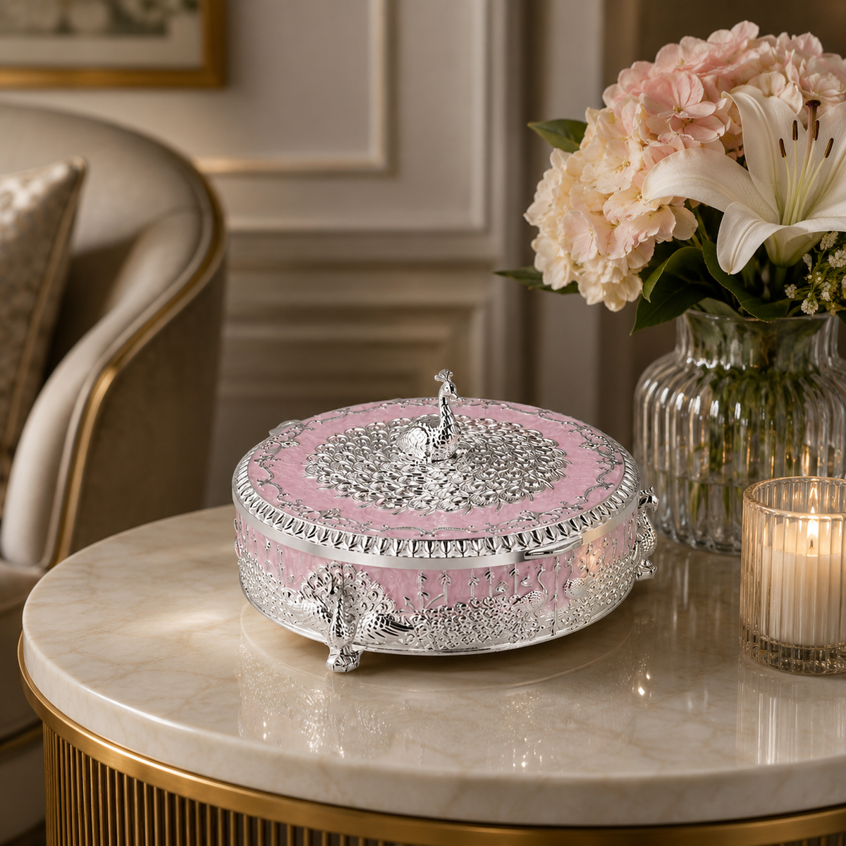 Peacock Round Enamel Dry Fruit Box