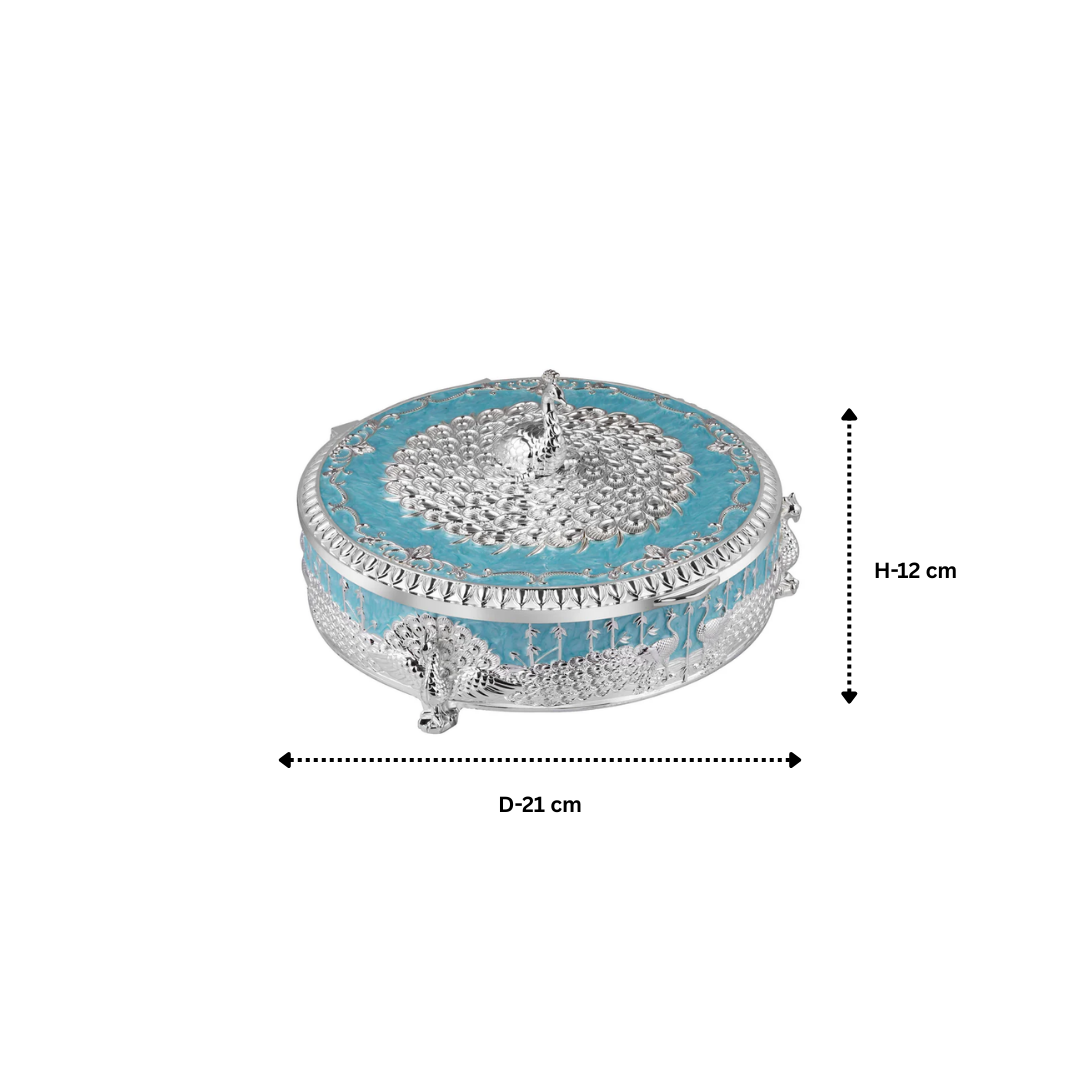 Peacock Round Enamel Dry Fruit Box White