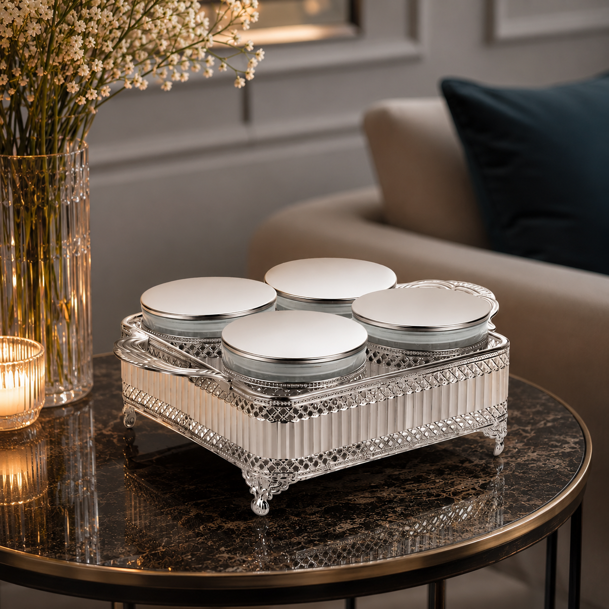 Set of 4 Grace Jar With Opulent Tray Silver