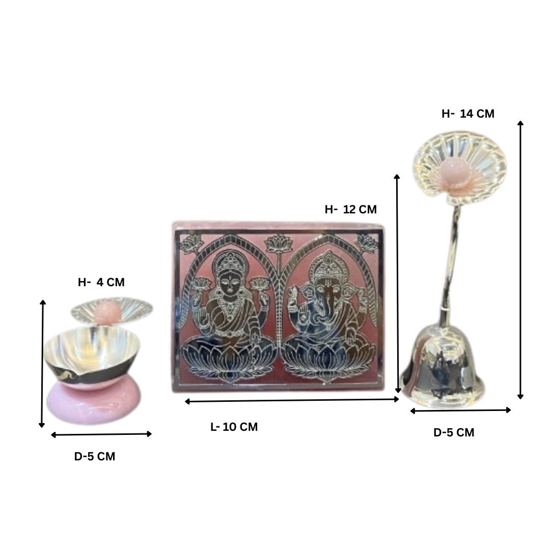 Laxmi Ganesha on Marble with Bell & Diya Pink