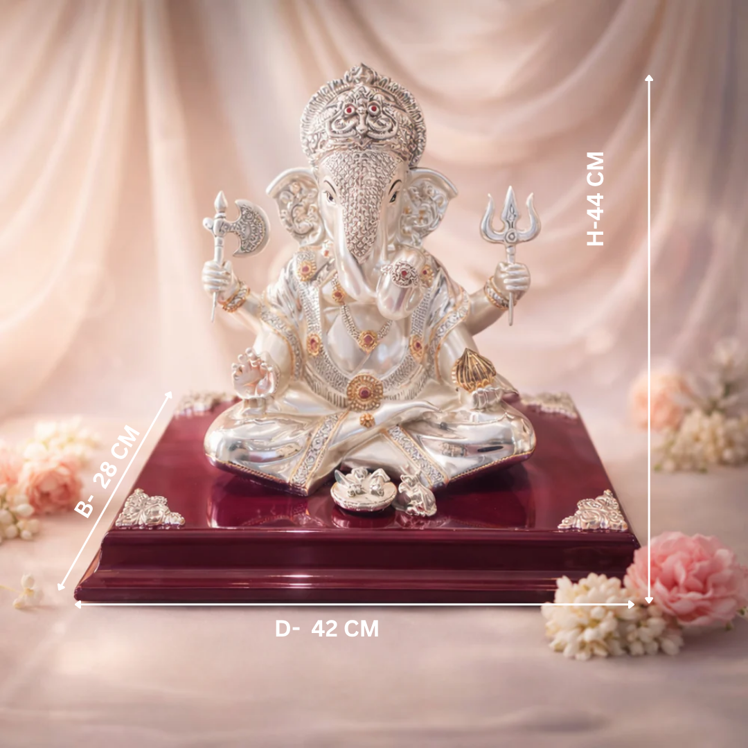Majestic Silver Ganesha Idol on Crimson Wooden Base