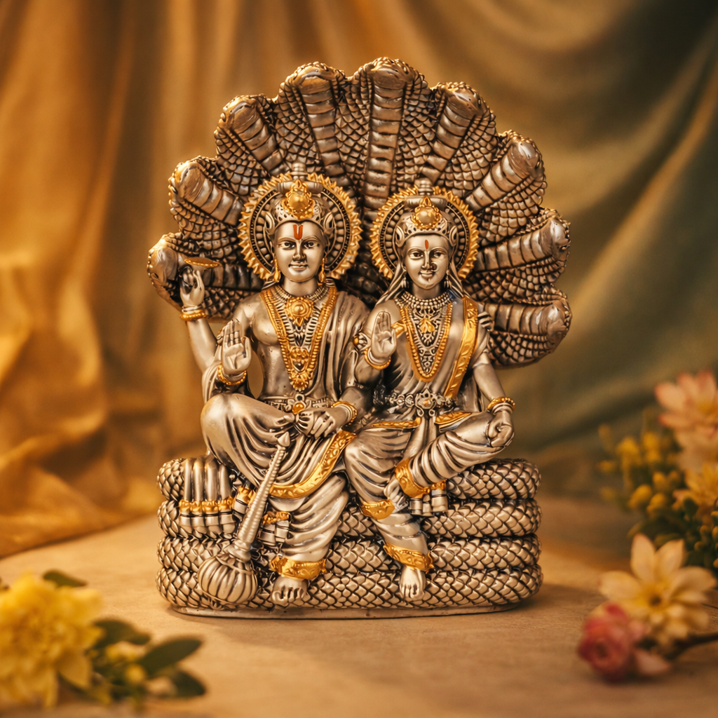 Laxmi Narayana Seated on Sheshnag 5" Silver