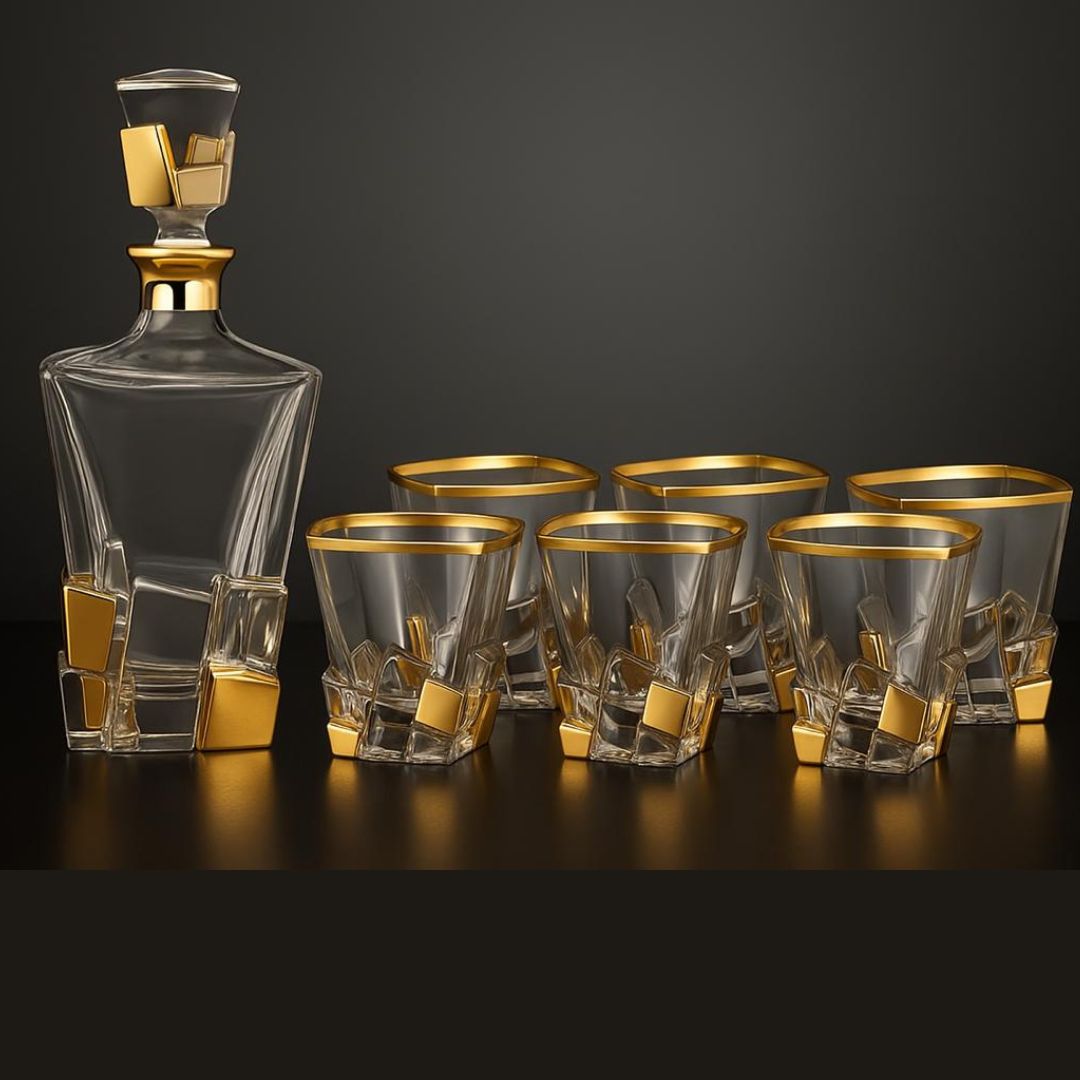 Set of 6 Platinum Gold Glasses + Decanter- Golden
