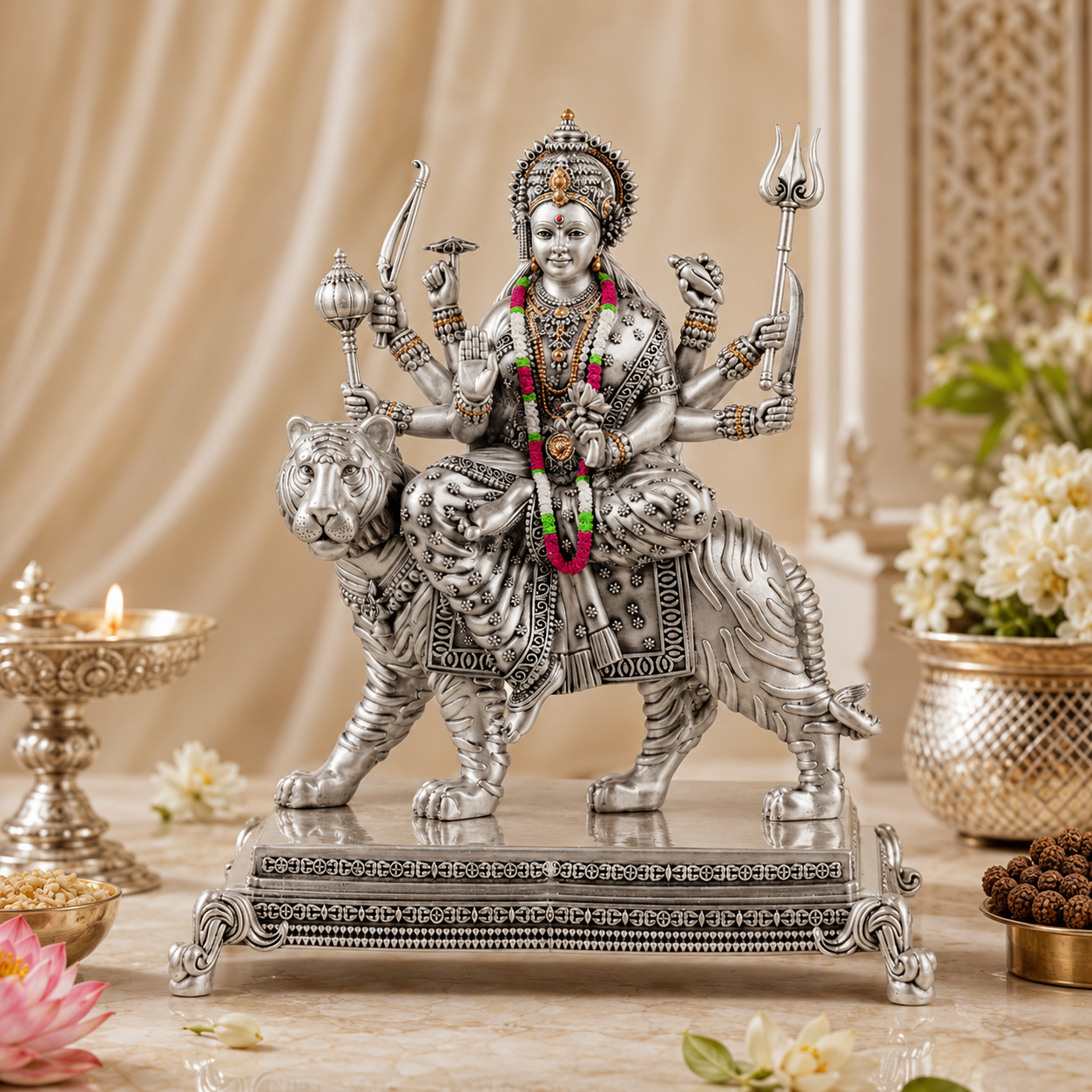 Maa Durga Shakti Roop Silver Idol on Tiger Base