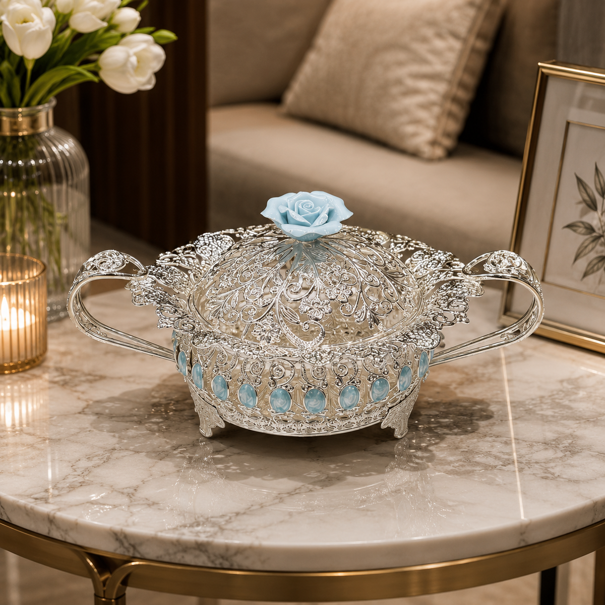 Floral Round Tray with Handle Medium