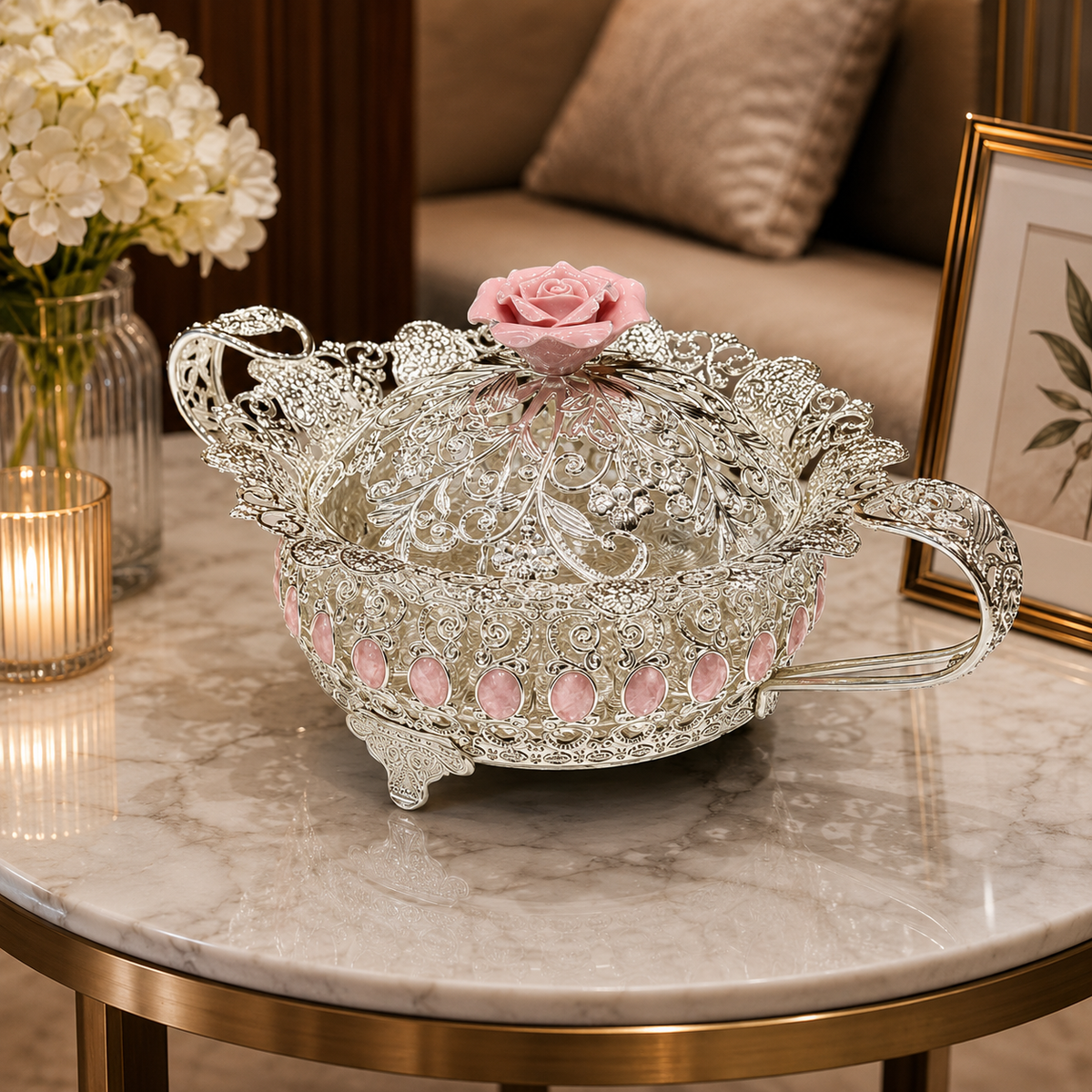 Floral Round Tray with Handle Medium