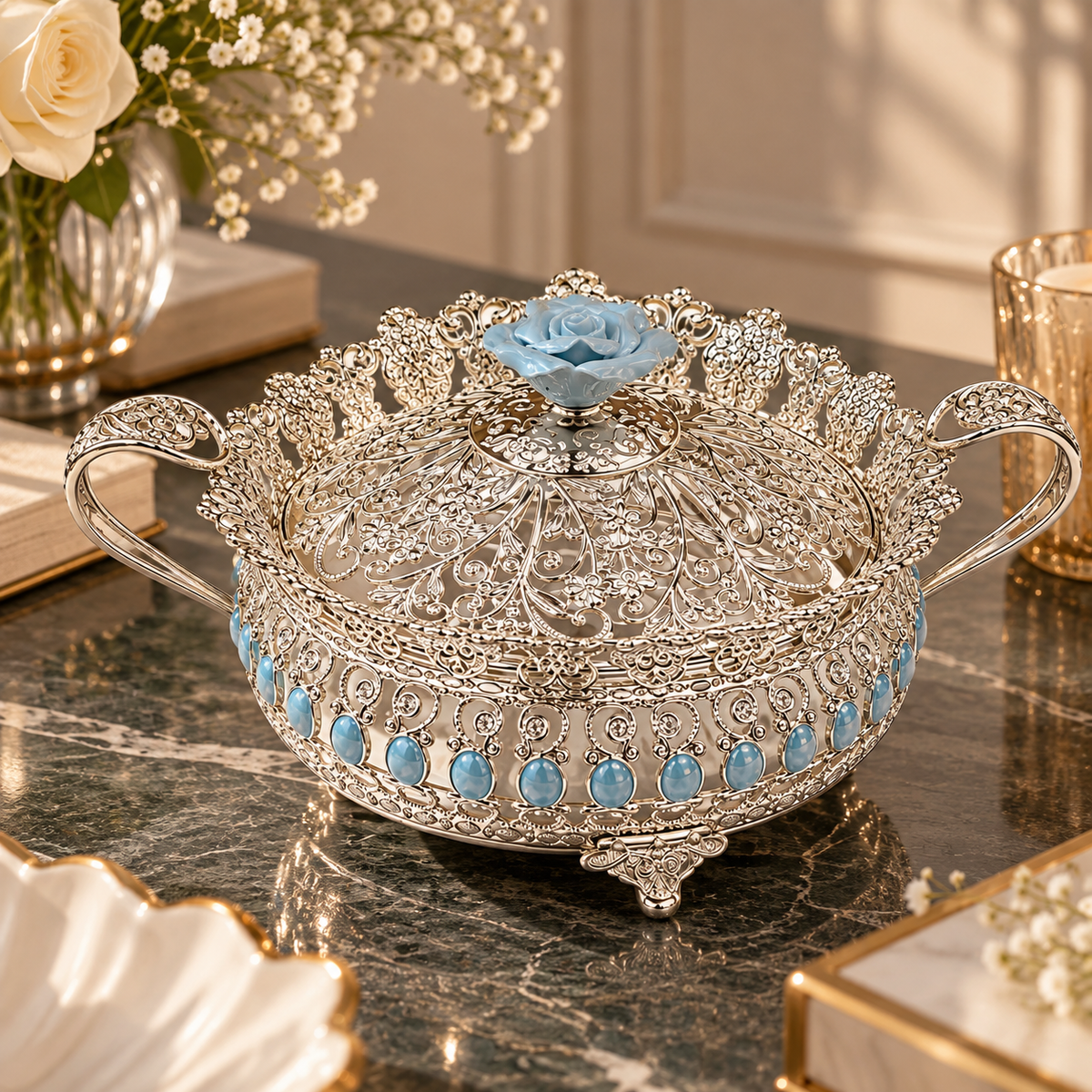 Floral Round Tray With Handle Large