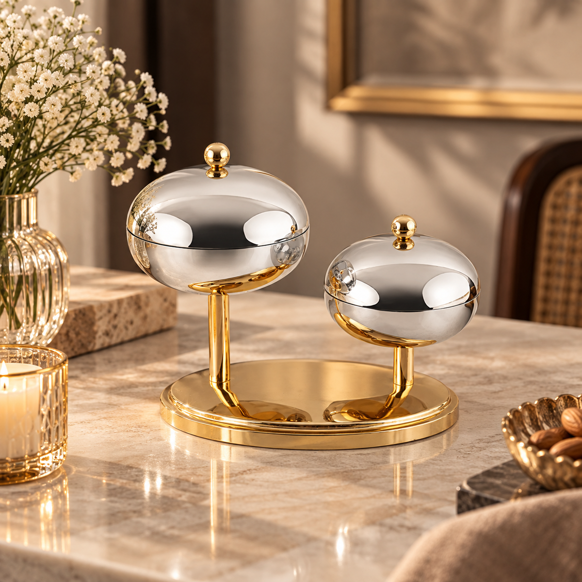 Opulent Twin Covered Serving Bowl Set with Tray
