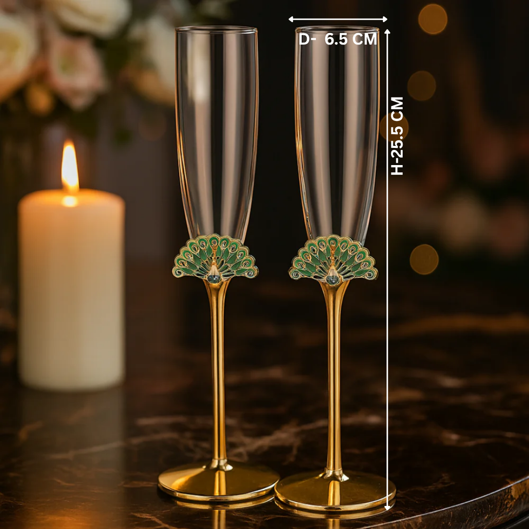 Peacock Champagne Glass- Set of 2- Gold