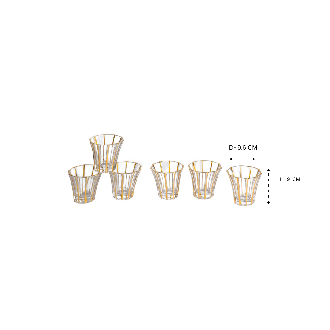 6 glasses - curvy with vertical lines- Gold