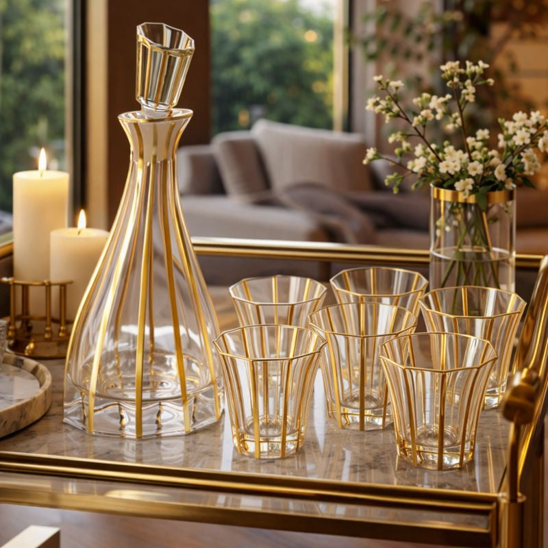 6 glasses with decanter - curvy with vertical lines- Gold