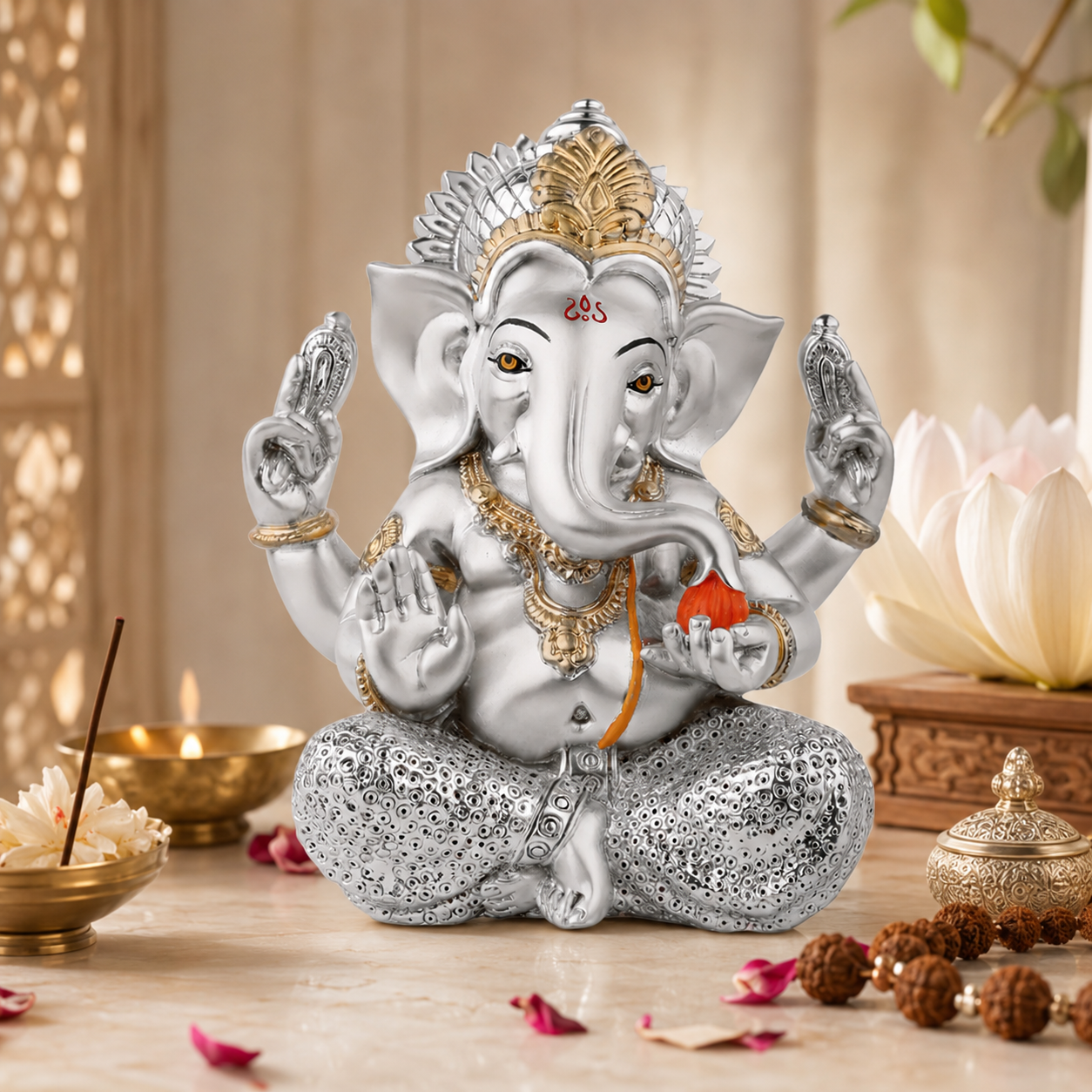 Ganpati Sitting Silver Idol with Modak