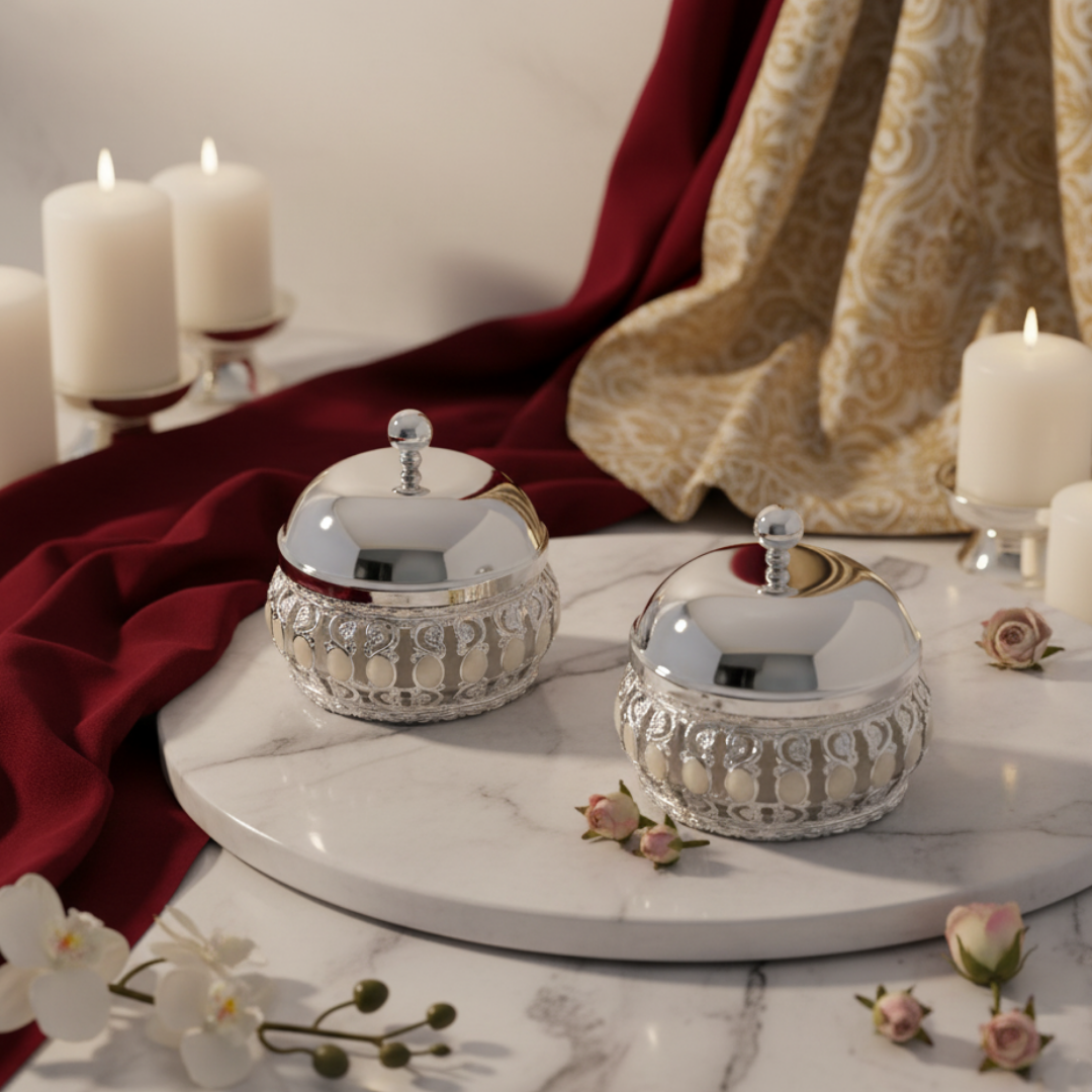 Pair of Enamel Candy Jar With Lid - White