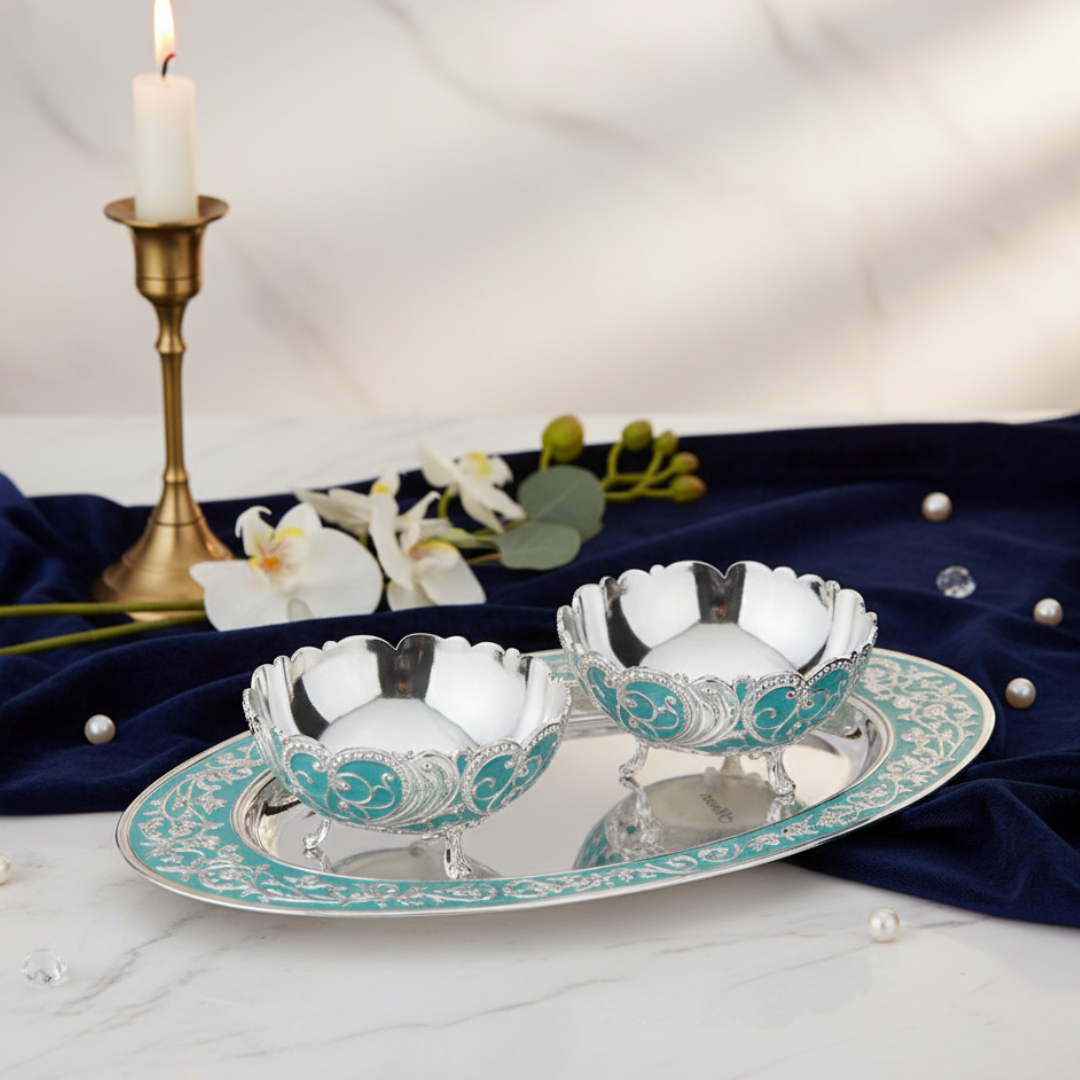 Oval MOP Tray Medium With Set Of 2 Pastel Bowls  - Sky Blue