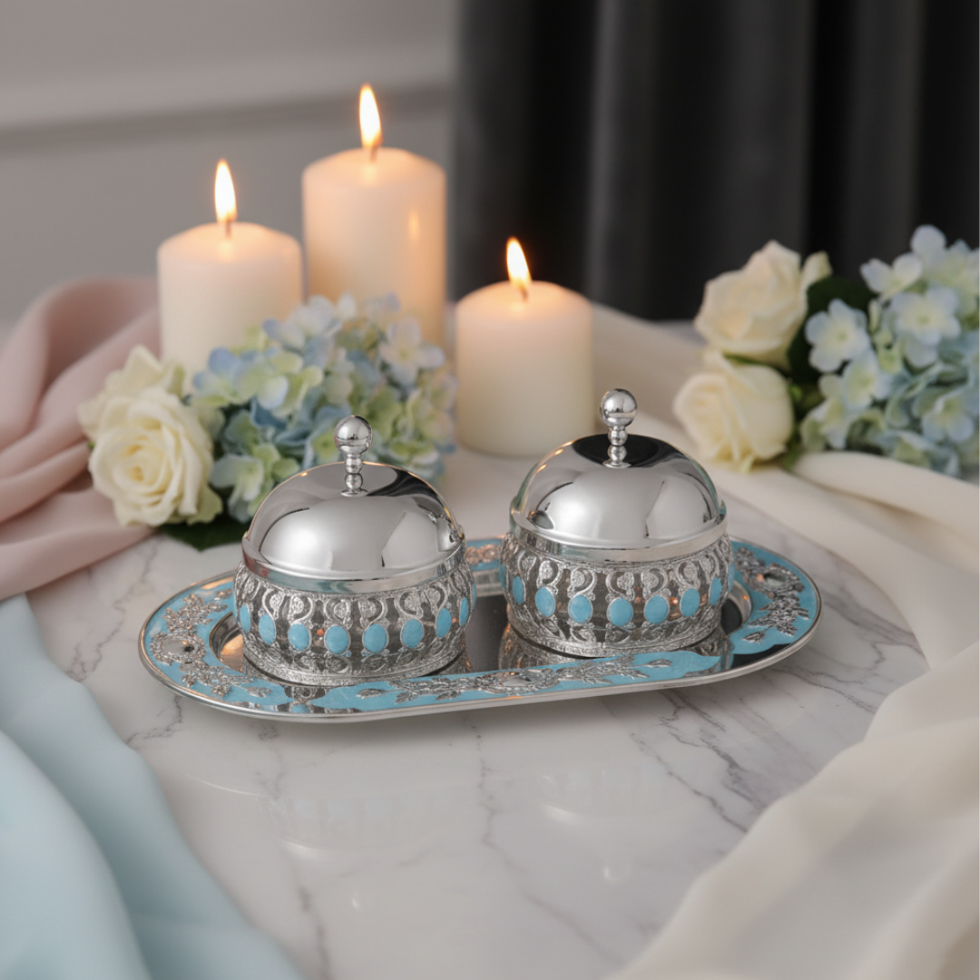 Flower Oval Designer Tray with pair of enamel candy jar with lid  Sky Blue