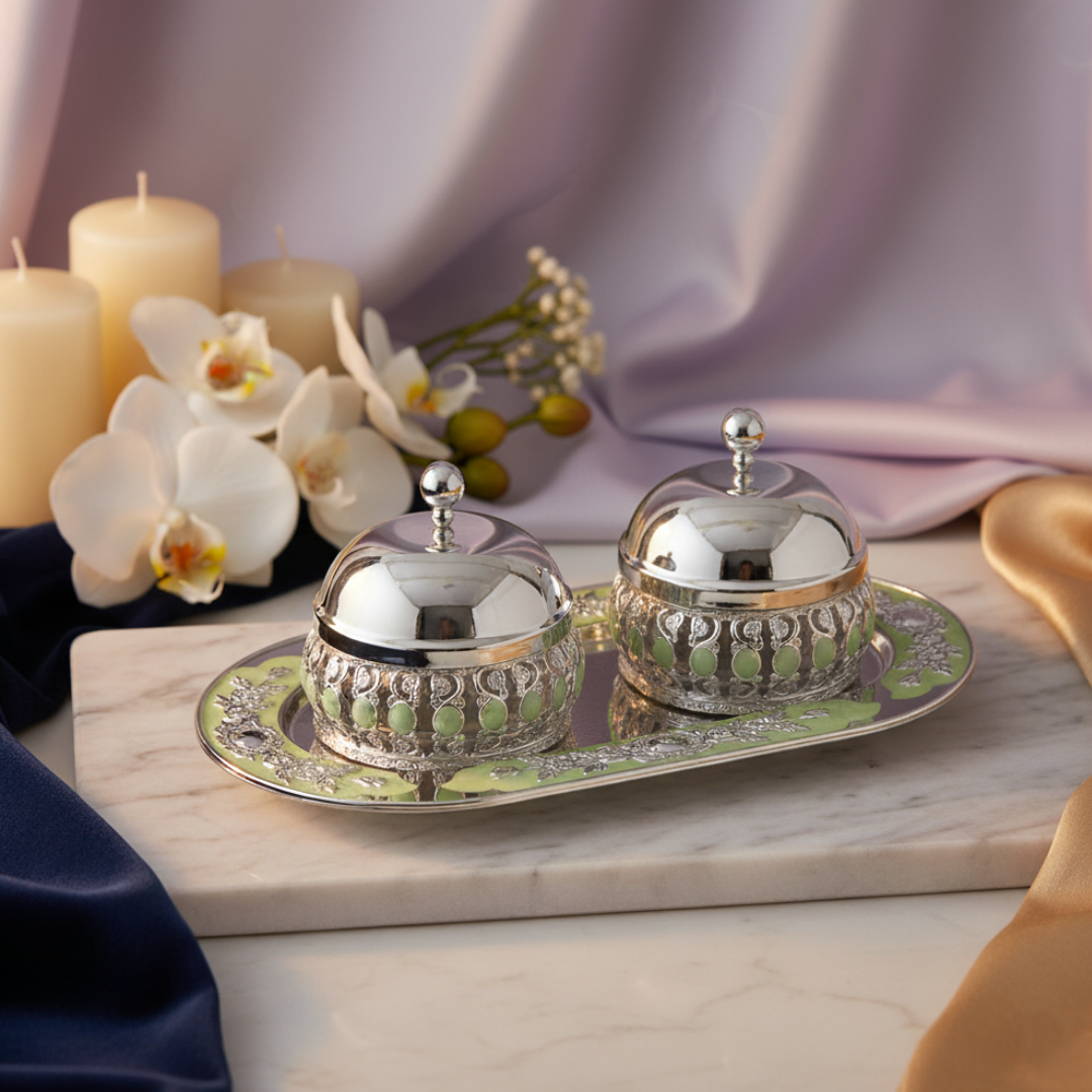 Flower Oval Designer Tray with pair of enamel candy jar with lid Sea Green