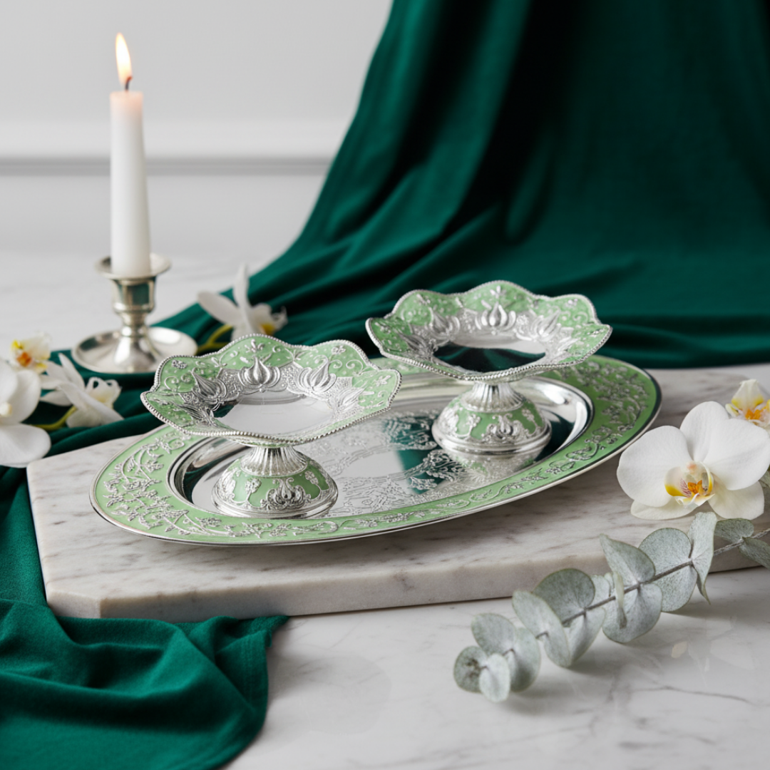 oval tray with set of 2 galvanic platter green