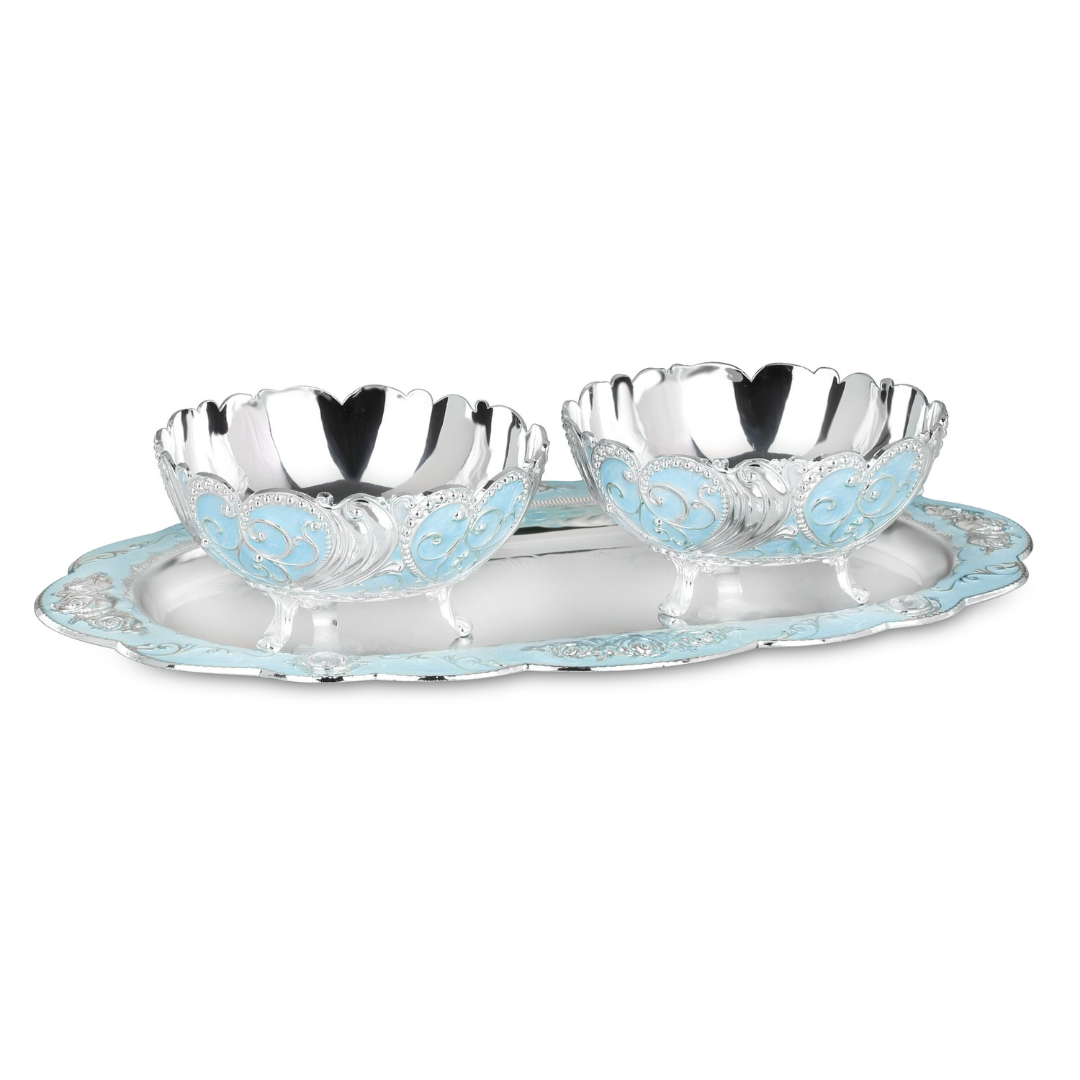 oval tray with 2 enamel bowl blue