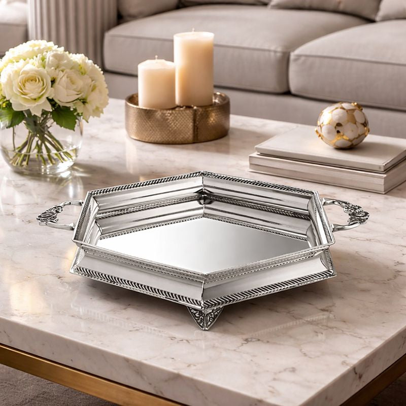 Hexagonal Tray with Handle & Feet - Silver
