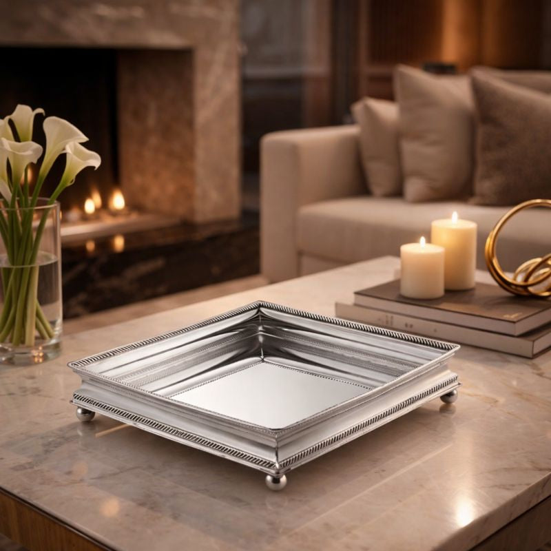 Square Tray with Bead feet- Small Silver