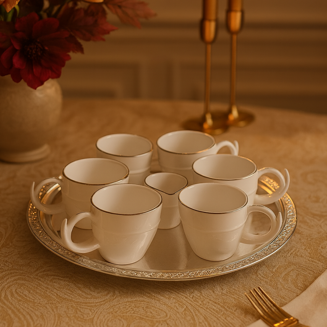 Round Silver Thal With 6 Tea Cups + 1 Milk Pot