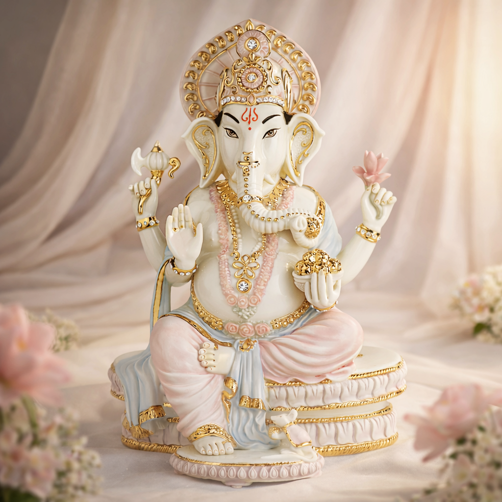 Shree Ganesh Lotus Bloom Pastel Porcelain Idol