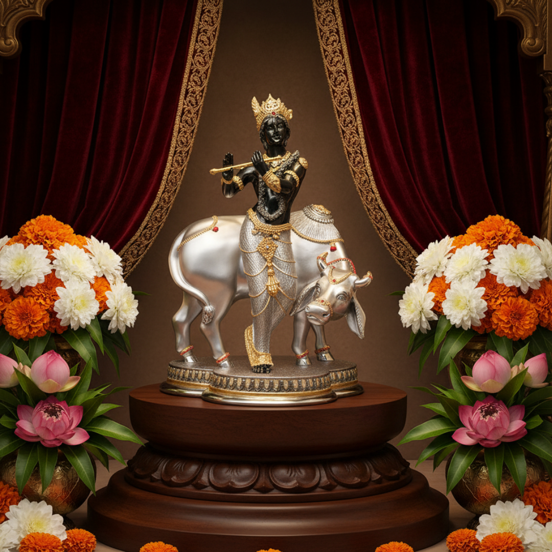 Standing Krishna with Cow (44-cm) Black