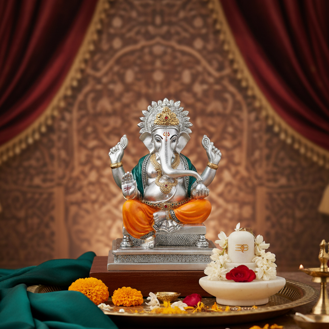 New Big Ganesha on chowki (h-29 cm)- Silver