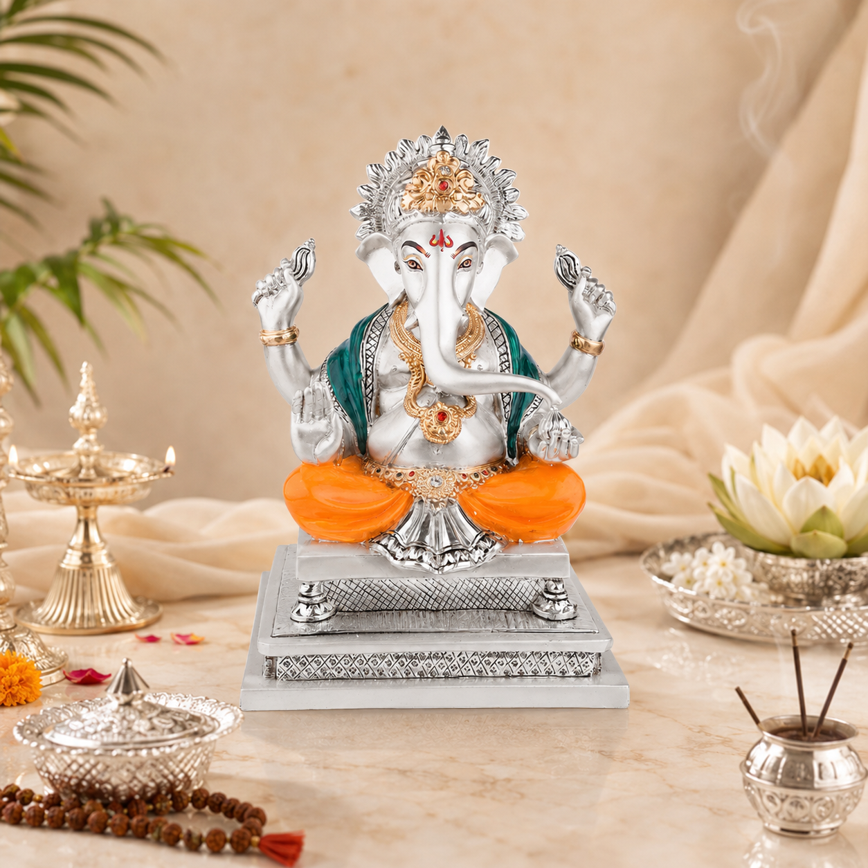 New Big Ganesha on chowki (h-30 cm)- Silver