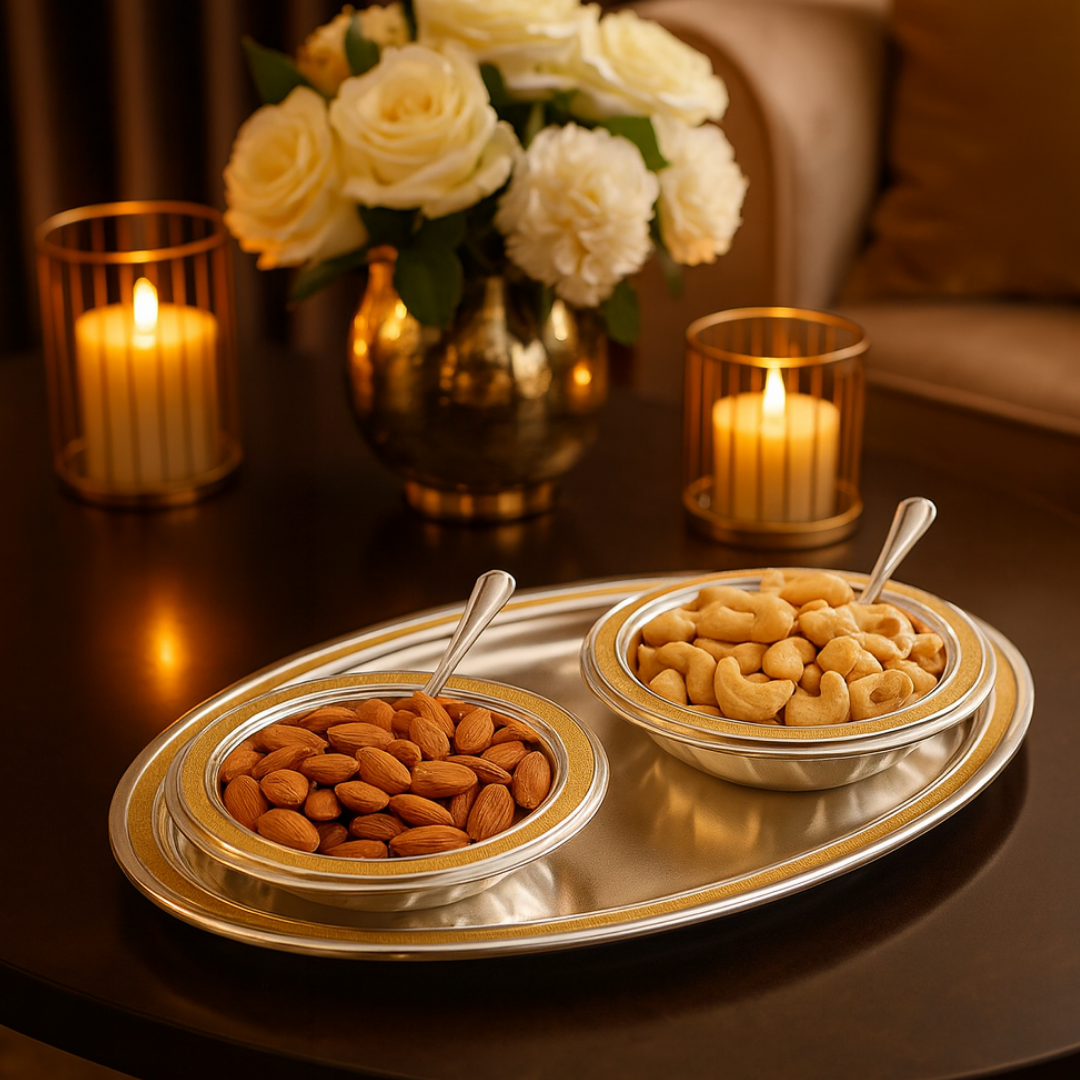 Oval Tray With 2 Bowl & Spoon - Dual Tone