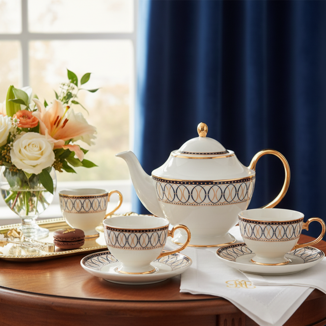 ROYAL VICTIORION PORCELAIN (6 Cup and 6 Sauser 1 Creamer 1 Kettle with Lid 1 Sugar bowl with Lid)